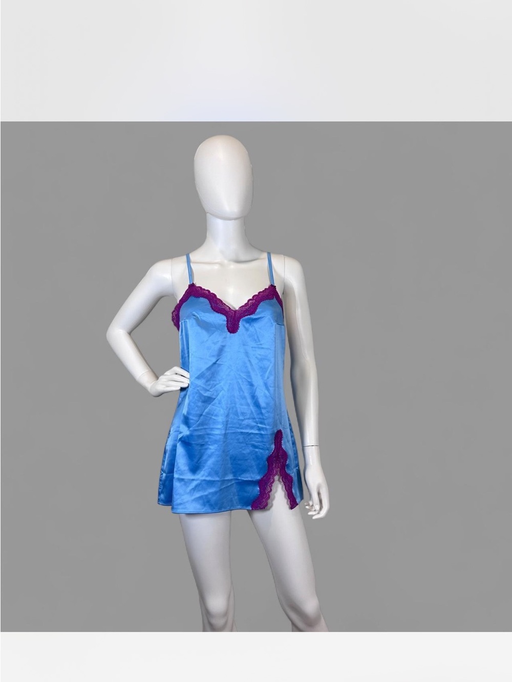 VS Tease Blue Satin Chemise with Pink Lace Trim